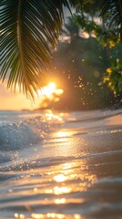 Golden Hour Embrace: The sun dips towards the horizon, painting the sky in a symphony of gold, while gentle waves caress the sandy shore, under a canopy of palm leaves.