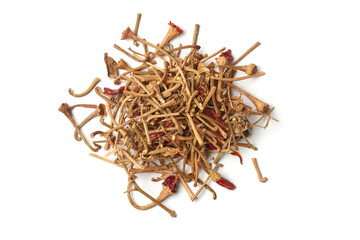pile of cut off stems of dried chili peppers isolated white background, discarded food waste can be...