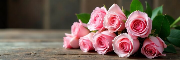 Fototapeta premium Beautiful bouquet of pink and white roses on a rustic wooden table, wooden table, beautiful