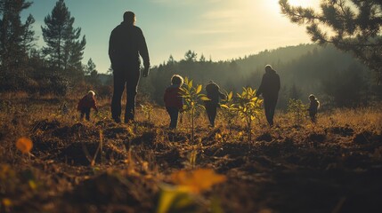 Children and a woman planting young seedlings in a community garden on a cloudy day in a rural area