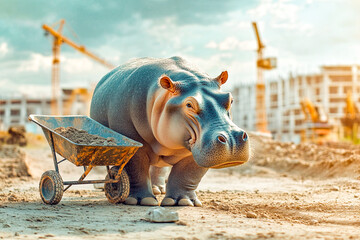 Fototapeta premium Hippo with Wheelbarrow at Construction Site..
