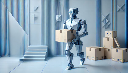 Origami robots handling cardboard boxes in a minimalistic warehouse with folded paper walls and geometric shapes