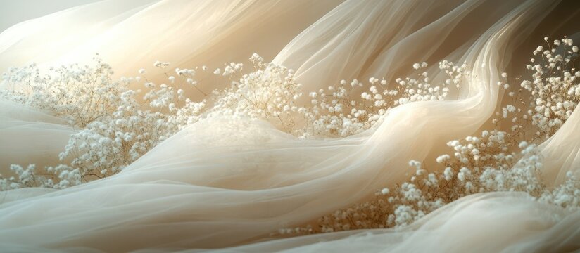 Elegant beige tulle fabric draped with delicate white flowers.