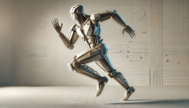 Origami humanoid robot running in futuristic tech environment with circuit patterns and sleek metallic surfaces