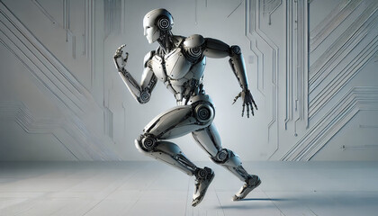 Origami humanoid robot running in futuristic tech environment with circuit patterns and sleek metallic surfaces