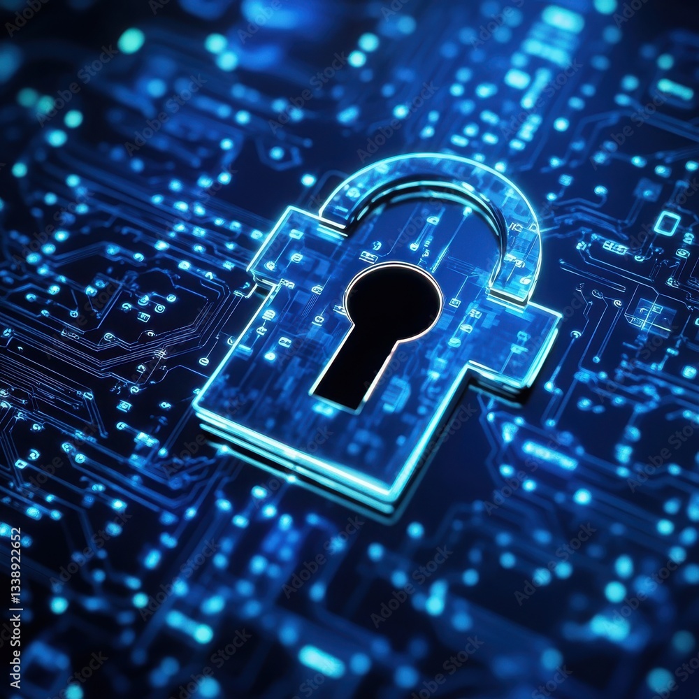 Poster digital security lock on circuit board glowing blue representing data protection and cybersecurity