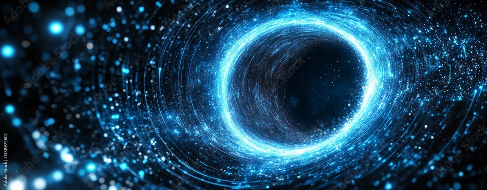 Poster an abstract technology circle is embraced by a blue wave, while particles move, animating big data t