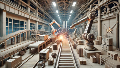 Origami robotic arms working on a conveyor belt in a modern warehouse, with shelves, packages, and automated machinery in a clean, futuristic environment