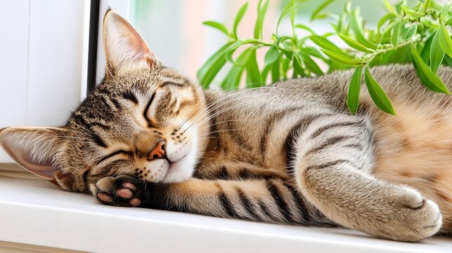 Tabby cat sleeps peacefully on a white windowsill with green plant leaves around it, resting its head near its paws in a cozy indoor setting.