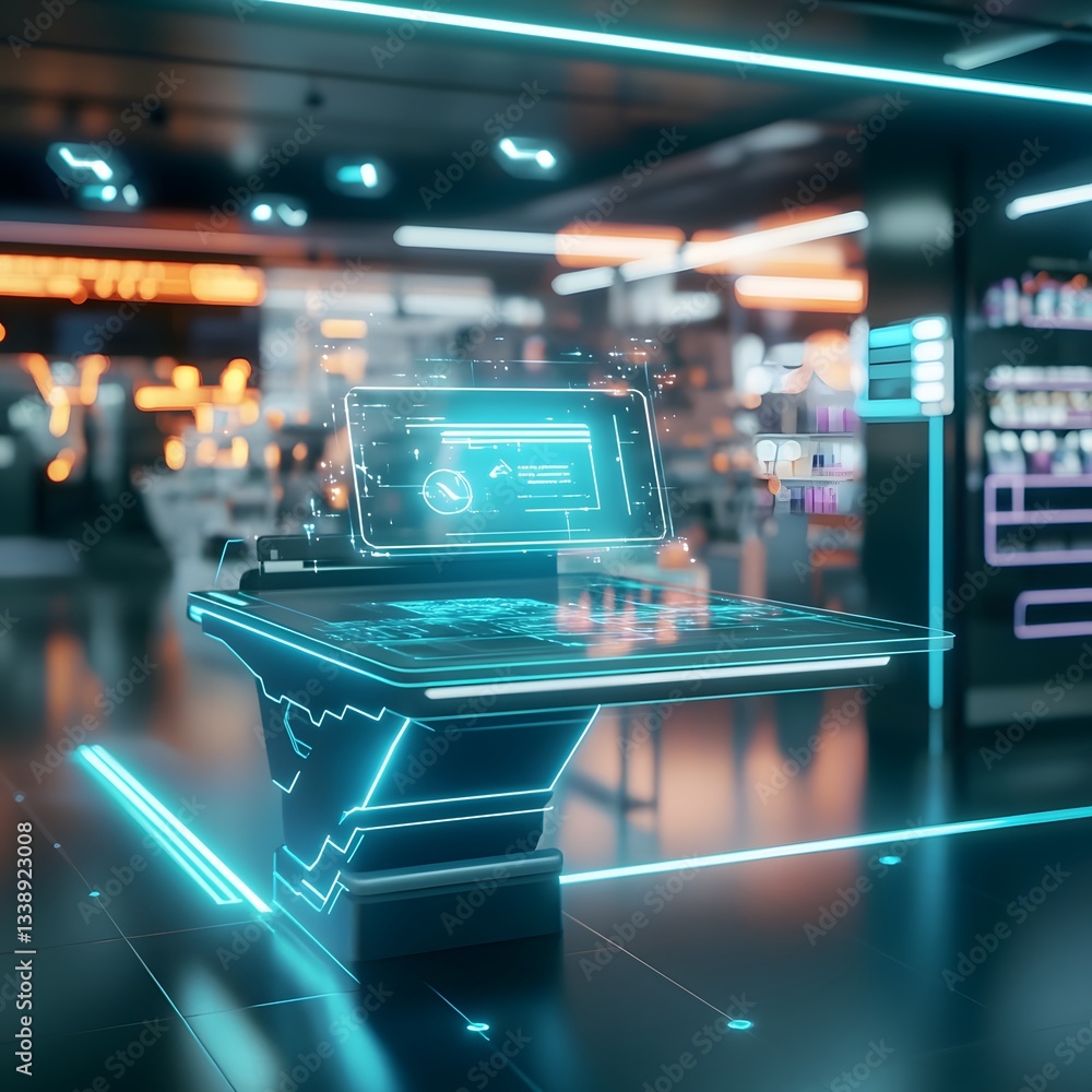 Poster seamless futuristic checkout process with ai powered holographic shopping assistant a clean minimali
