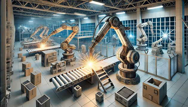 Origami robotic arms working on a conveyor belt in a modern warehouse, with shelves, packages, and automated machinery in a clean, futuristic environment
