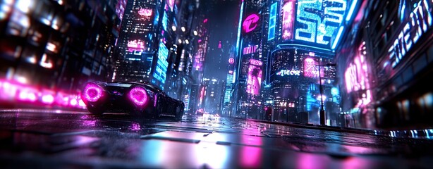 Fototapeta premium Futuristic Cityscape at Night with Neon Lights and a Sleek Car in Rainy Conditions