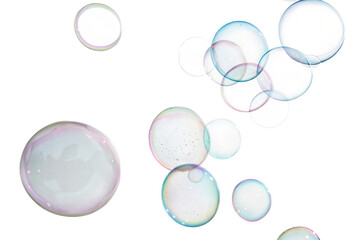 Floating Soap Bubbles with Iridescent Colors Isolated on Light Background for Abstract.