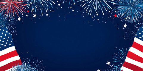 Vintage fireworks pattern, stars and stripes of the US flag on a blue background. Independence Day. Space for the text.