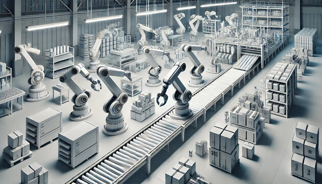 Origami robotic arms working on a conveyor belt in a modern warehouse, with shelves, packages, and automated machinery in a clean, futuristic environment