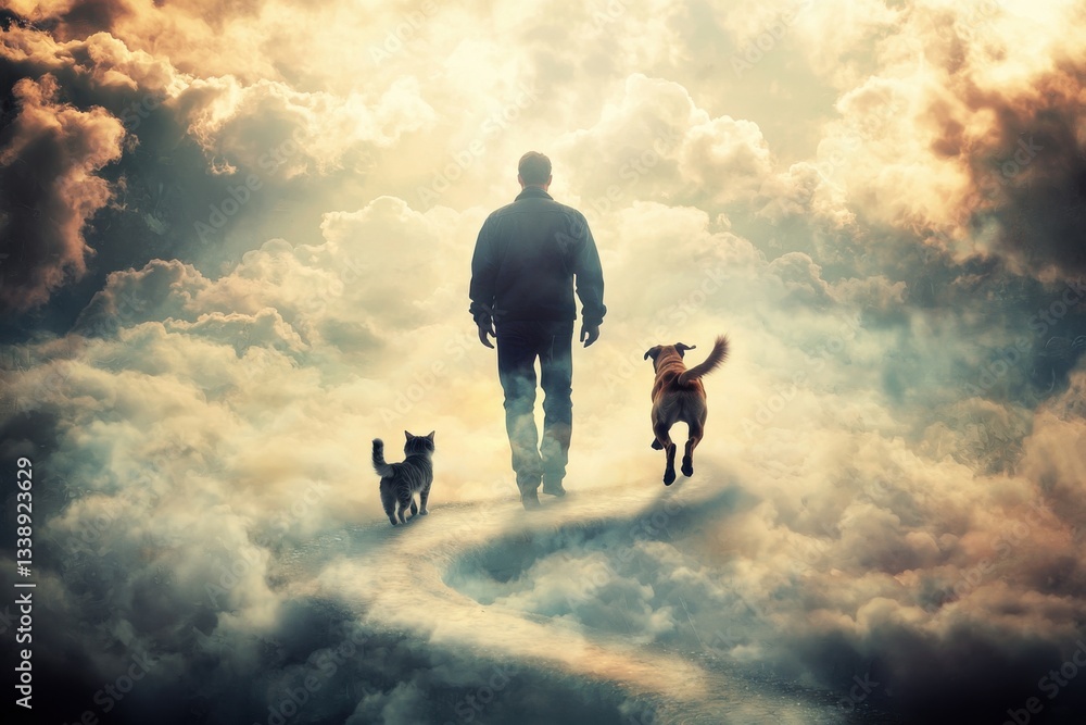 Poster a man walks on a cloudy path with his dog and cat, creating a surreal image depicting companionship,