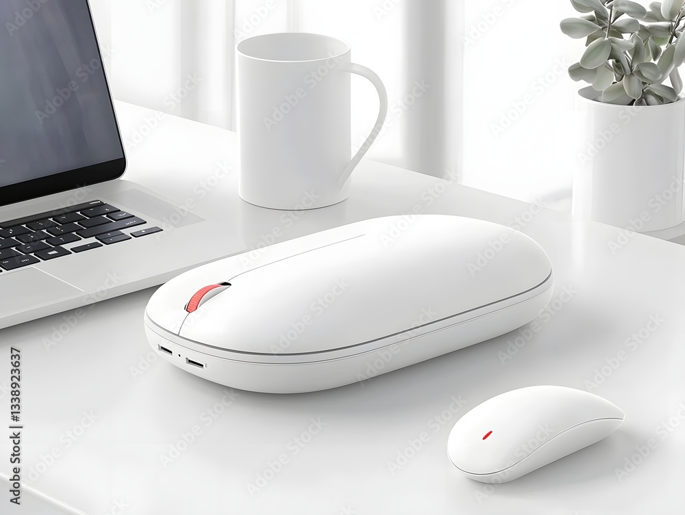 Poster sleek and minimalist workspace setup featuring a modern laptop wireless mouse and a coffee cup on a 