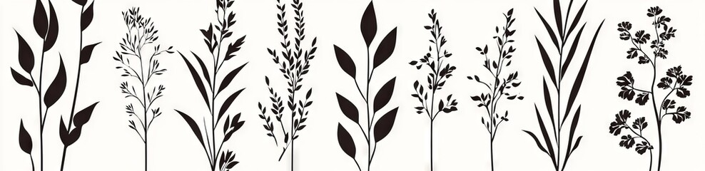 Naklejka premium A group of reed shoots, reeds, and coastal flora. Ferns next to decomposing stumps. A swamp landscape featuring a riverbank. Rendered in silhouette. Isolated on a white background. Modern aesthetic