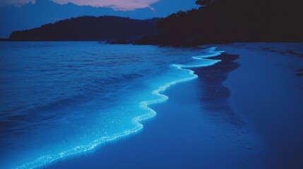 Bioluminescent waves on a tropical beach at twilight