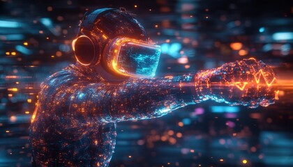 Virtual reality experience showcasing an individual in a futuristic setting with glowing effects during an immersive gameplay session