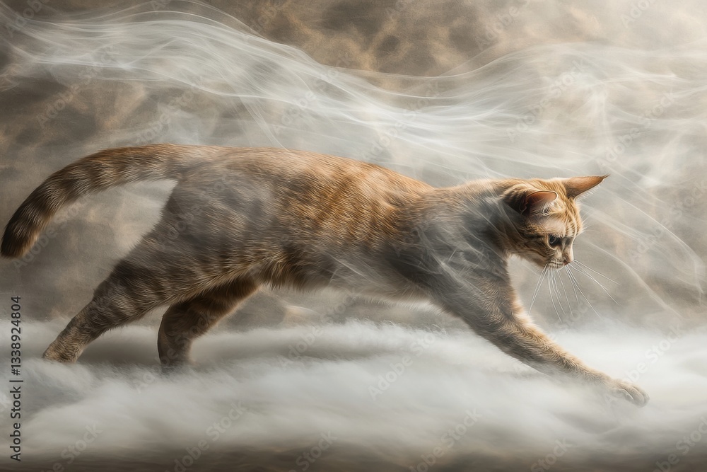 Aufkleber a digitally rendered image of a ginger cat in motion, amidst abstract, ethereal smoke, creating a su