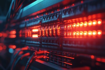 Obraz premium Network switch with vibrant indicator lights powered on in a modern tech workspace during late afternoon hours