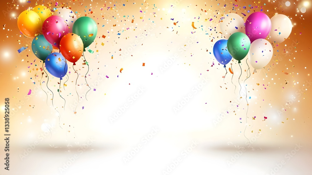 Poster vibrant and joyful balloon design with floating colorful balloons and confetti on a clean background