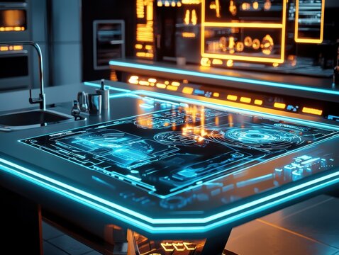 High-tech futuristic kitchen. The interactive interface displays complex data with bright neon lines. Modern futuristic design.