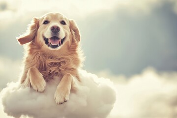 Obraz premium A happy Golden Retriever sitting on a cloud against a soft, dreamy sky, showcasing joy and companionship, with a gentle, whimsical feel, creating a heartwarming atmosphere.
