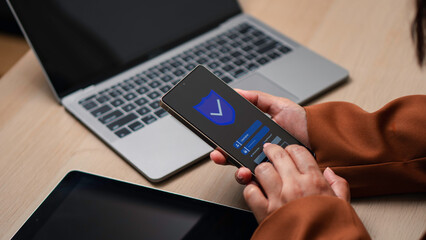 Phone password lock for mobile cyber security or login verification passcode in online bank app. phone with a password to access a smartphone, security threats online, and fraud.