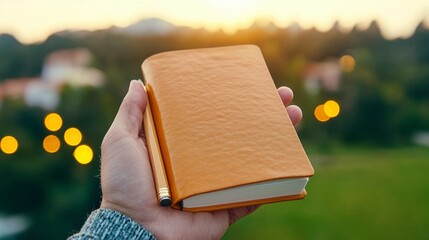 Hand Holding Orange Leather Notebook at Sunset