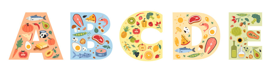 Vitamins A, B, C, D and E with food sources. Fruits, vegetables, nuts, berries, Sea food, fish and meat. Trendy modern vector illustration isolated on white background, hand drawn, flat design