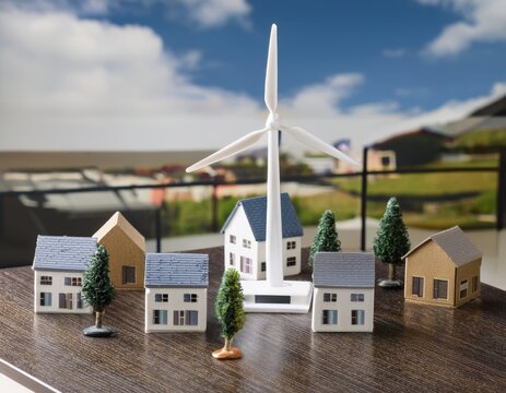 wind turbine model on a conference table surrounded by scale model houses