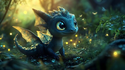 A charming young dragon with large eyes sitting in nature