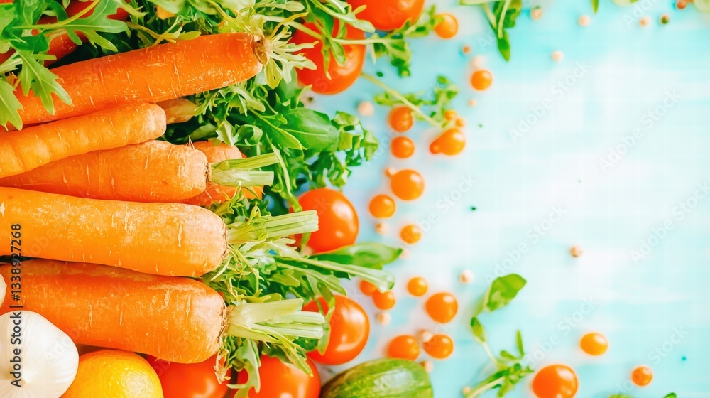 Poster fresh carrots and onions surrounded by a colorful array of other fresh vegetables in a basket