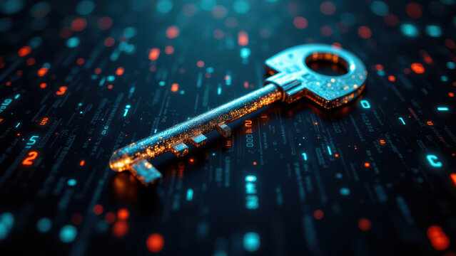 A golden key with a computer-generated background featuring digital data and hexadecimal code, symbolizing cybersecurity.