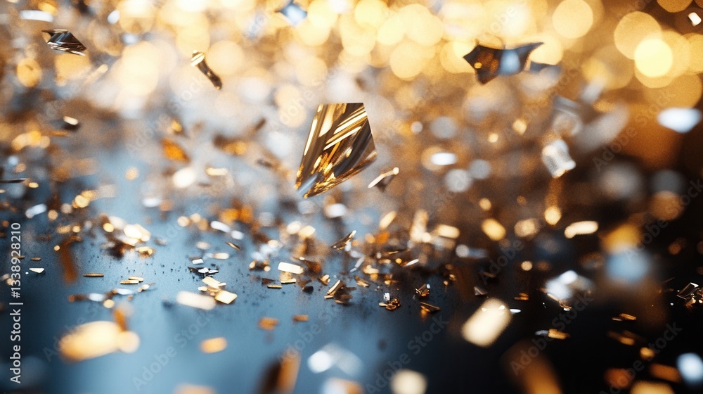 Poster sparkling fragments scattered across a dark surface creating a dynamic visual effect during an artis