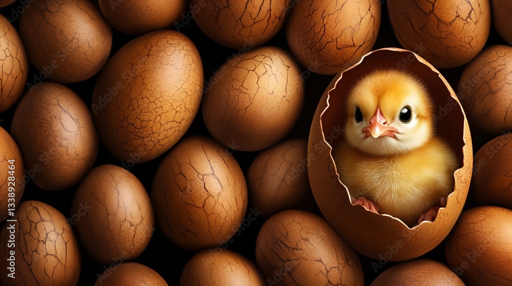 Poster yellow chick is hatching from a cracked egg surrounded by intact brown eggs creating a visually appe