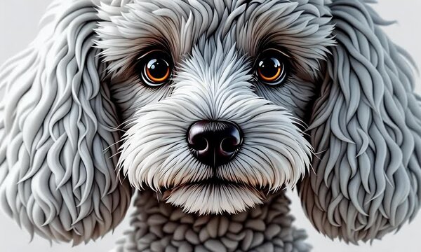 Hyperrealistic 3D Render Silver Toy Poodle Portrait, Fluffy Fur, Amber Eyes, White Background