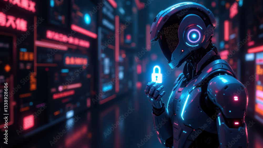 Poster a futuristic robotic figure with a sleek blue armor and helmet standing amidst illuminated computer 