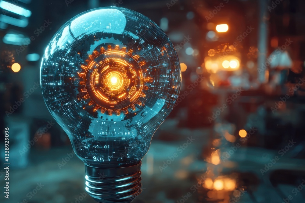 Poster a luminous lightbulb showcases advanced technology and digital integration with glowing gears and bi