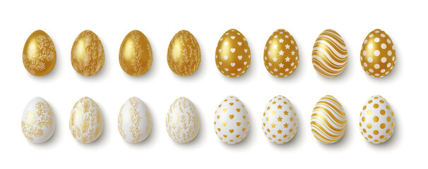 Vector illustration of golden decorated eggs featuring various patterns, ideal for Easter and festive celebrations. High-quality digital art enhances any design project.
