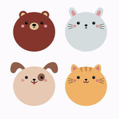 Bear, cat kitten kitty, rabbit bunny hare, dog puppy. Round face icon set line. Cute cartoon funny character. Kawaii animal. Love card. Childish style. Flat design. White background. Isolated. Vector
