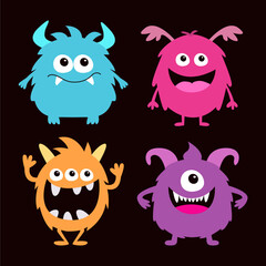 Happy Halloween. Monster set. Kawaii cartoon funny character. Colorful silhouette monsters. Cute face with teeth, horns, eyes, hands. Childish baby collection. Flat design. Black background. Vector