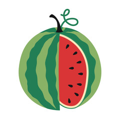 Cute watermelon. Whole fruit with a cut out piece. Trendy modern vector illustration isolated on white background, hand drawn, flat design