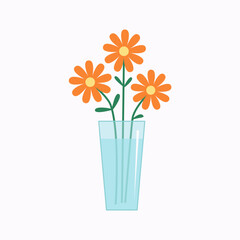 Flower bouquet in vase. Orange daisy chamomile gerbera flowers. Glass vases with water. Cute colorful icon collection. Ceramic Pottery Glass decoration. White background. Flat design. Vector
