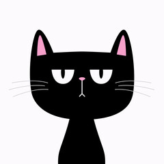 Cute cat kitten with angry yellow eyes. Black silhouette icon. Kawaii pet animal. Sad funny face head. Cartoon funny character. Childish style. Happy Halloween. Flat design. White background. Vector