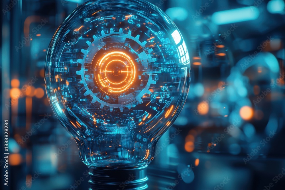 Poster a glowing light bulb with intricate gears and circuits, embodies technological innovation and the po