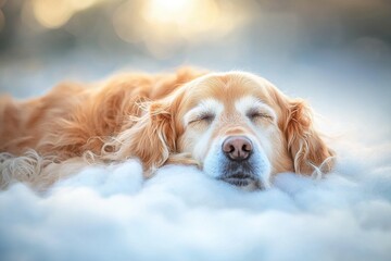 Close-up of a golden retriever peacefully sleeping on a fluffy white surface, capturing the tranquility and serenity of the moment with soft, diffused lighting and dreamy background.