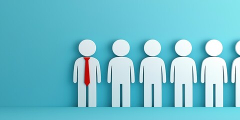 Obraz premium Illustration of a group of paper figures, with one distinguished by a red tie against a blue background.